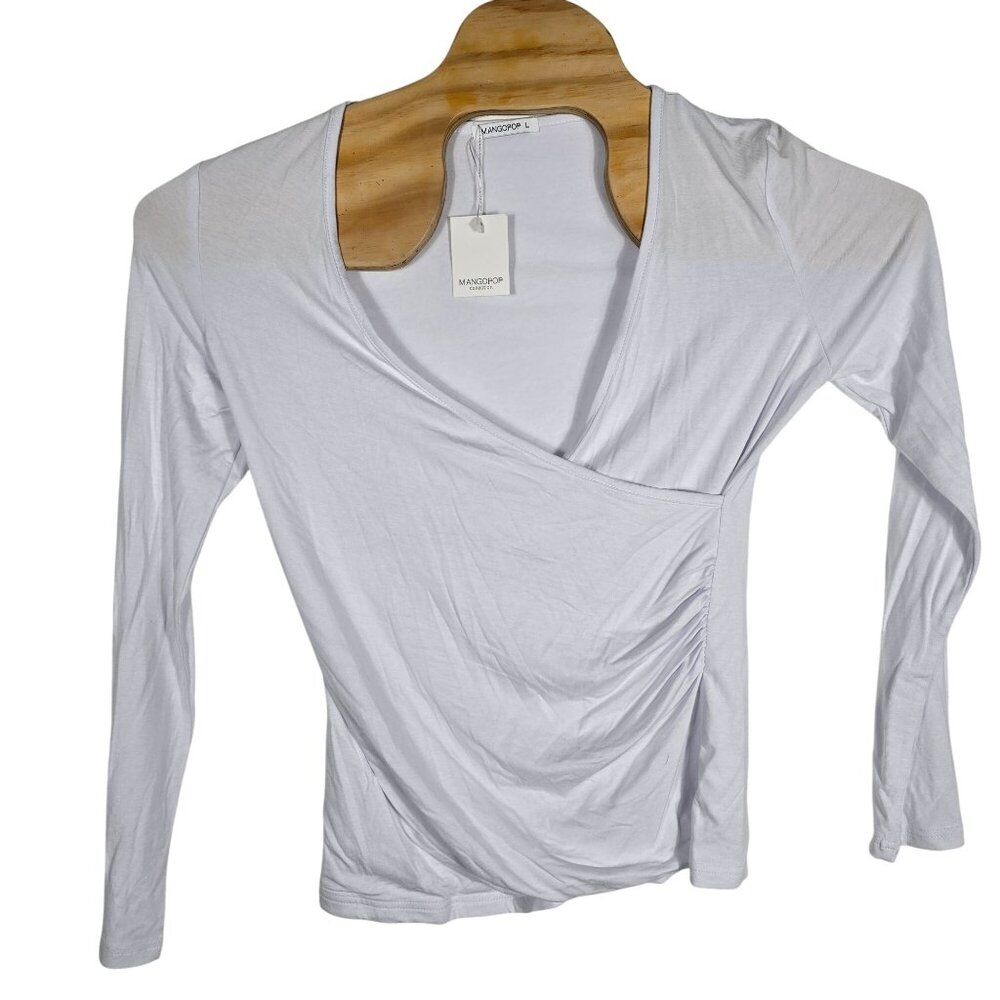 Mangopop Collection White Long Sleeve Blouse Mock Wrap Large Women's‎ White